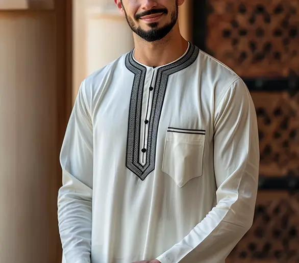 Man wearing gray Kuwaity Style Al-Dar Apparel Formal Thobe.