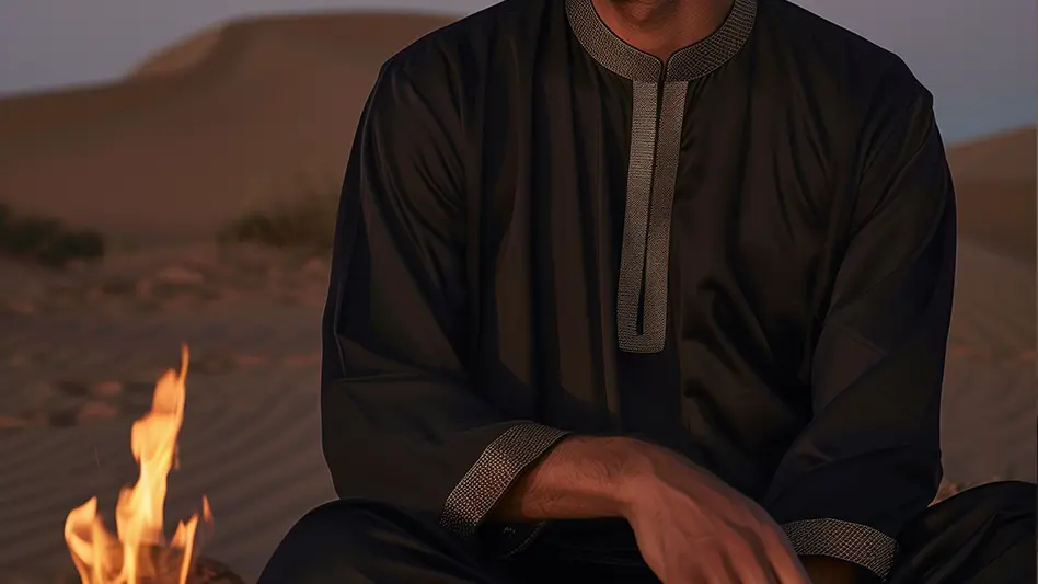 Man in Burgundy Al-Dar Apparel Thobe in sitting in front of a fire in the desert