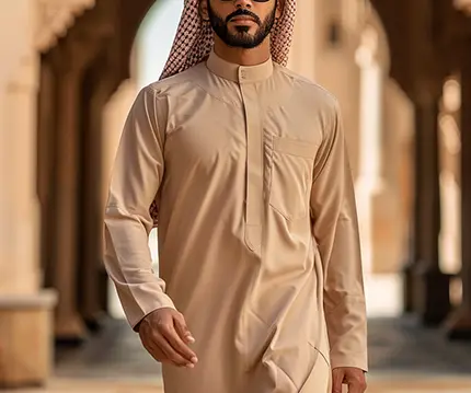 Man wearing a stylish Formal Saudi style beige thobe